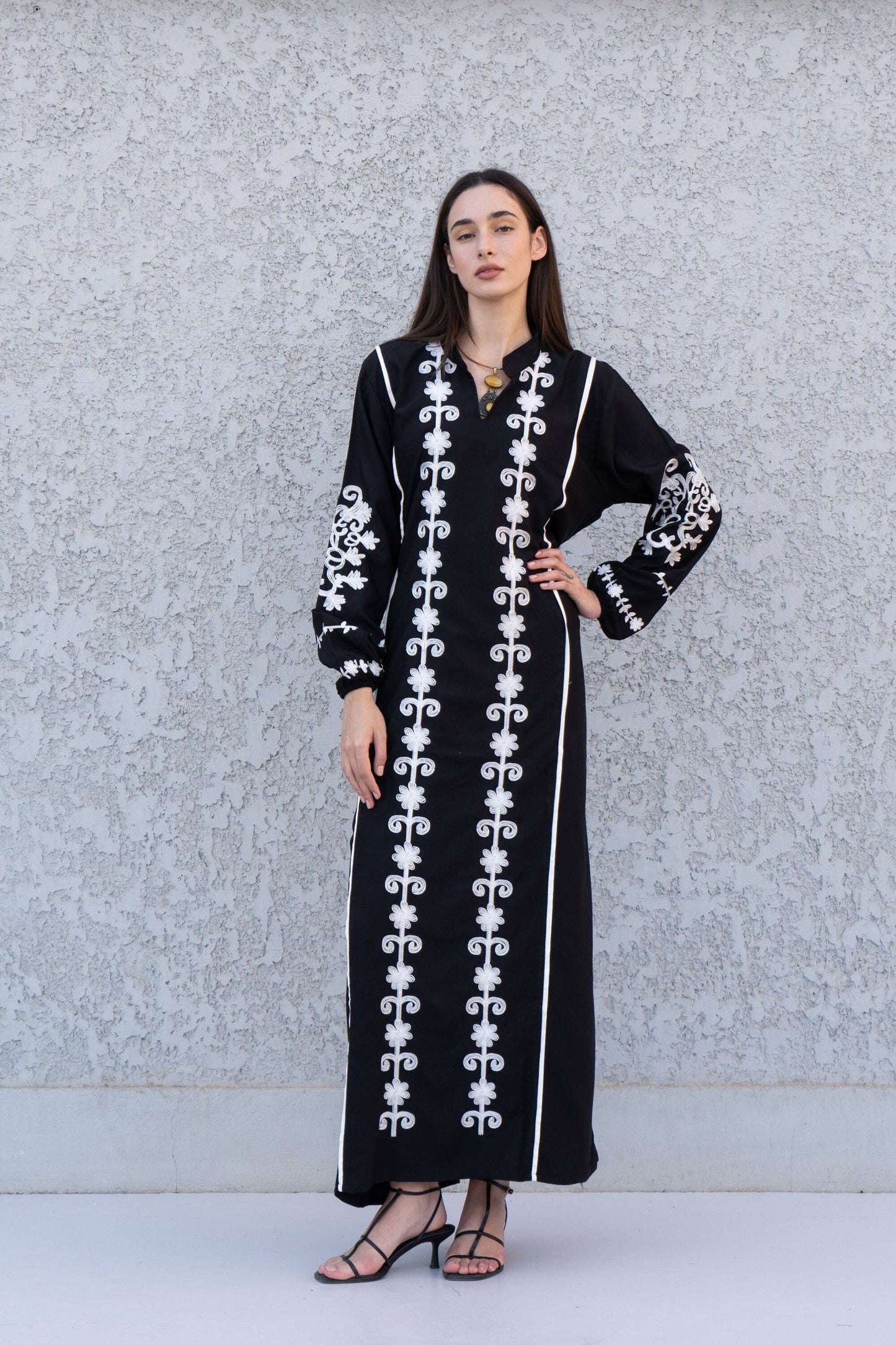 Beautiful black embroidered Kaftan maxi dress, Kaftan maxi
