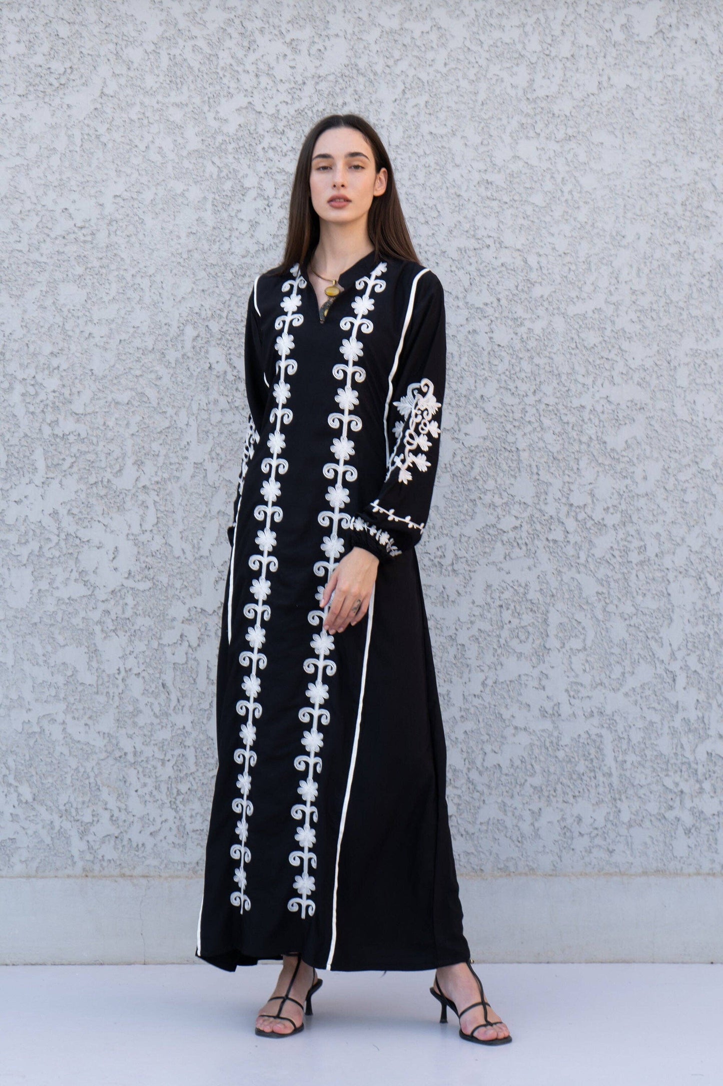 Beautiful black embroidered Kaftan maxi dress, Kaftan maxi