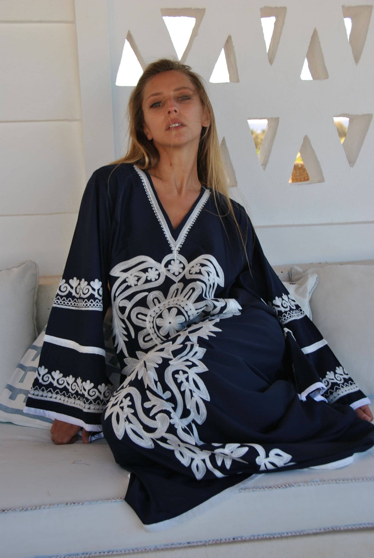 Stunning Navy Blue Embroidered Caftan, Wide Sleeve Caftan