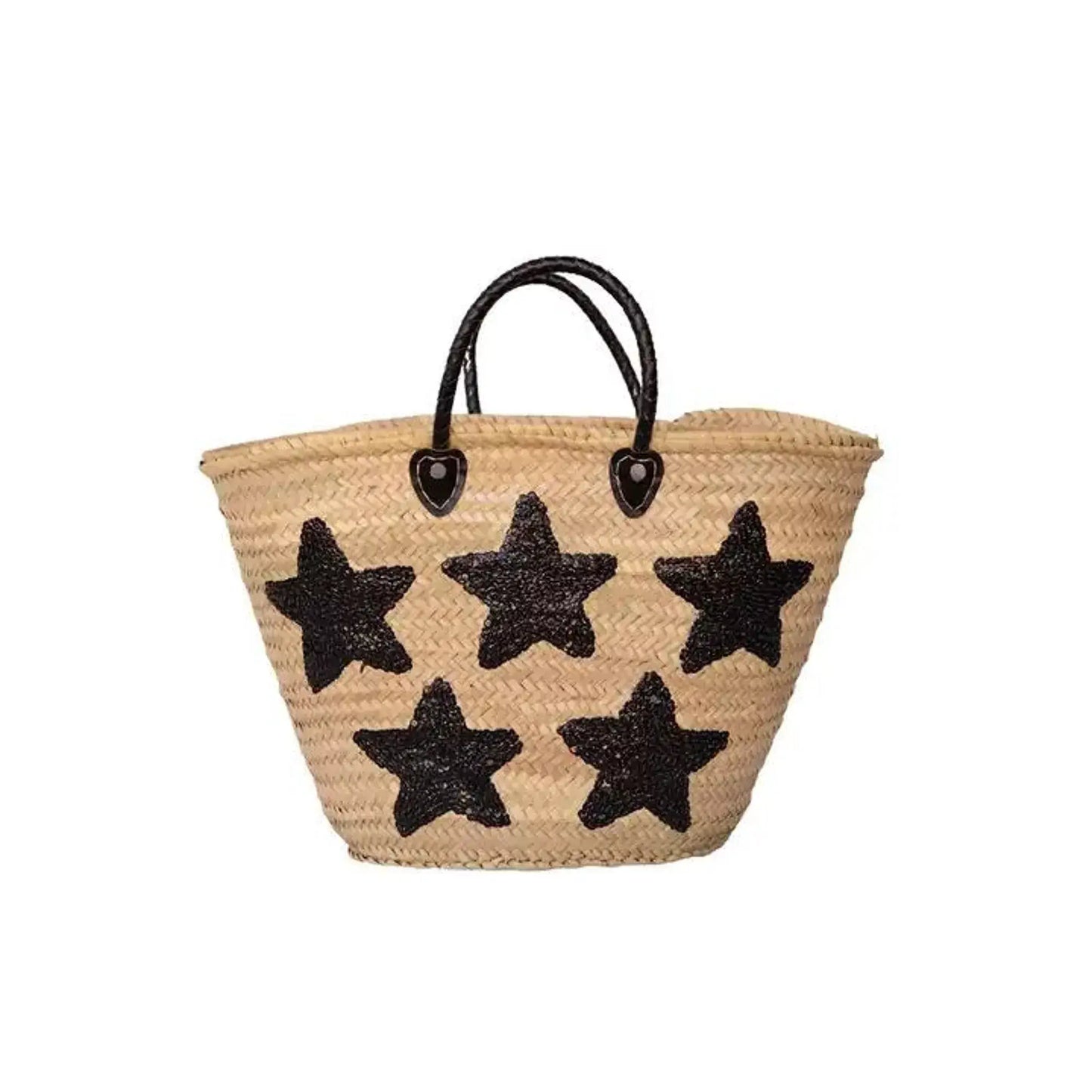 King Of Handmade - Large straw tote bag with black stars - Straw Tote Bag