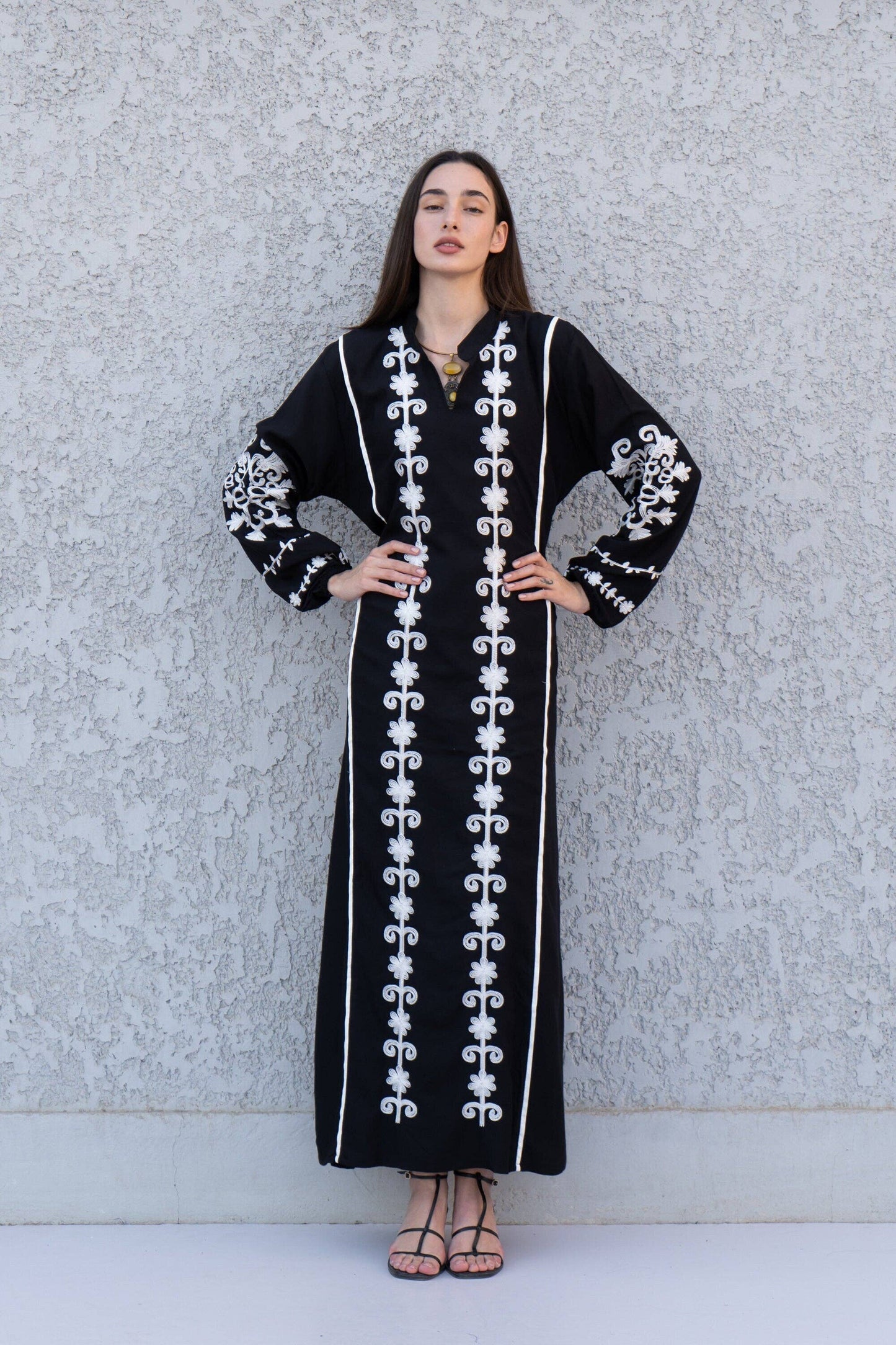 Beautiful black embroidered Kaftan maxi dress, Kaftan maxi