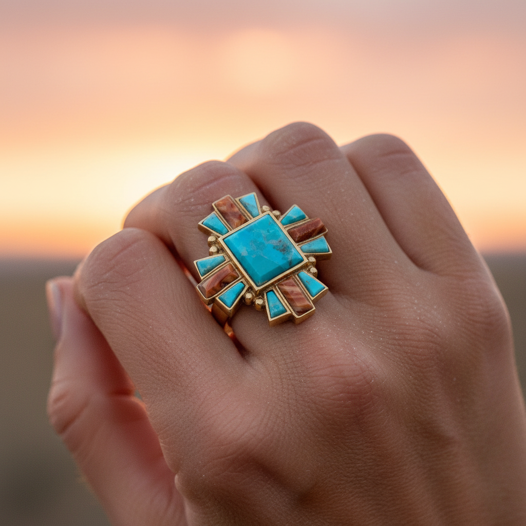 Santa Fe Blue Turquoise Golden Statement Ring