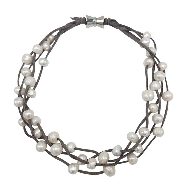 Girl With A Pearl GRAY SUEDE 4-STRAND WHITE PEARL NECKLACE