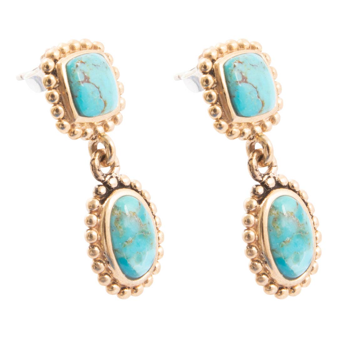 Refined Blue Turquoise Double Drop Golden Earring