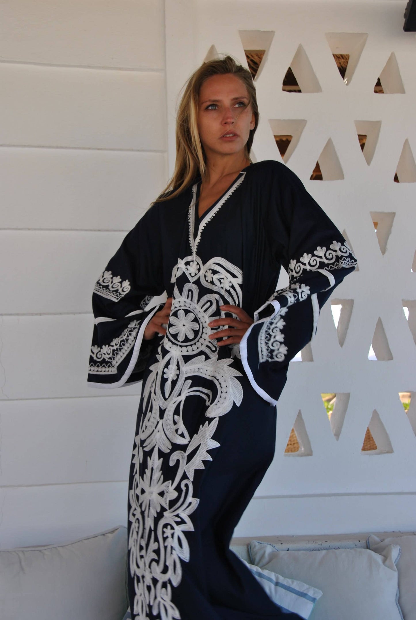 Stunning Navy Blue Embroidered Caftan, Wide Sleeve Caftan