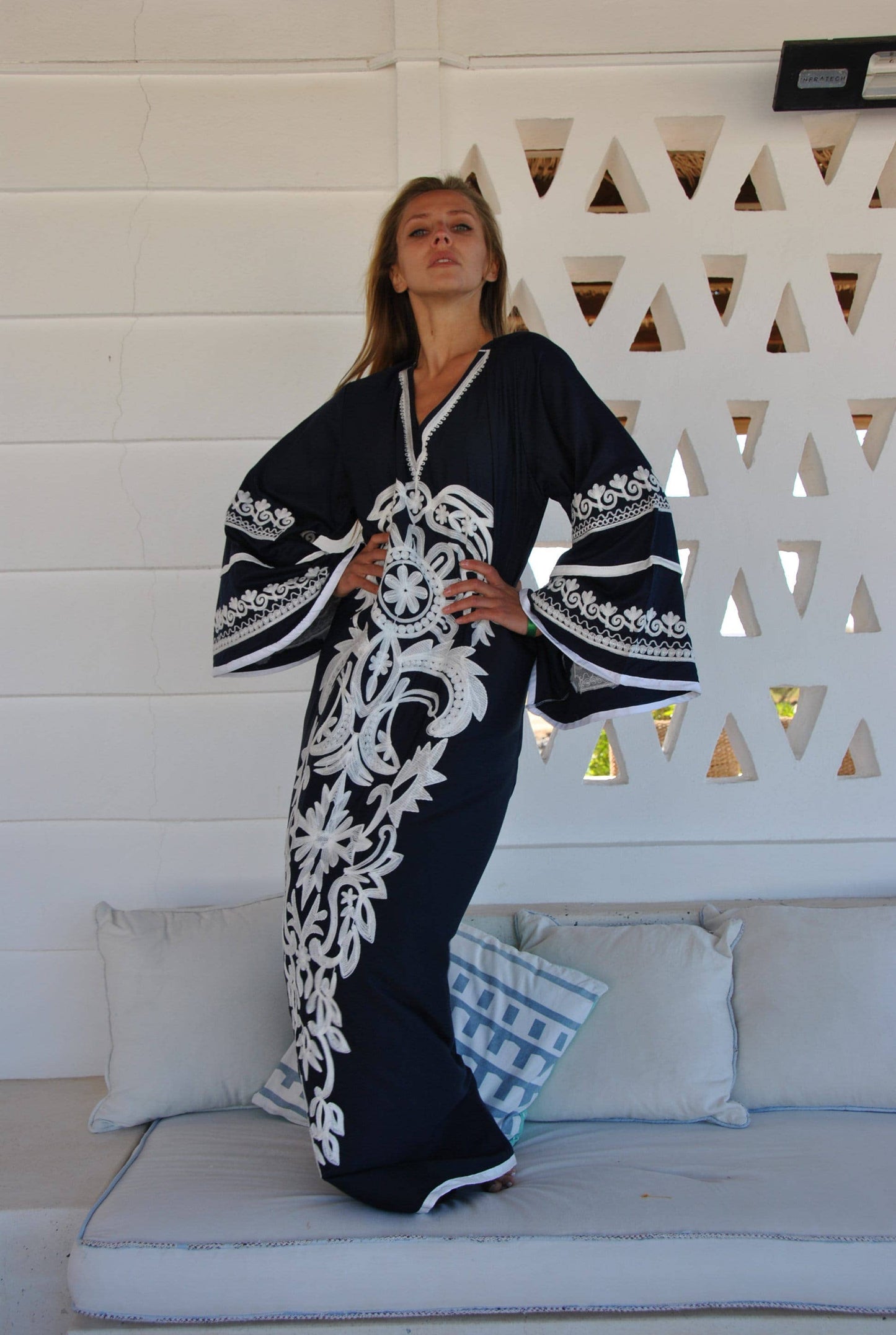 Stunning Navy Blue Embroidered Caftan, Wide Sleeve Caftan