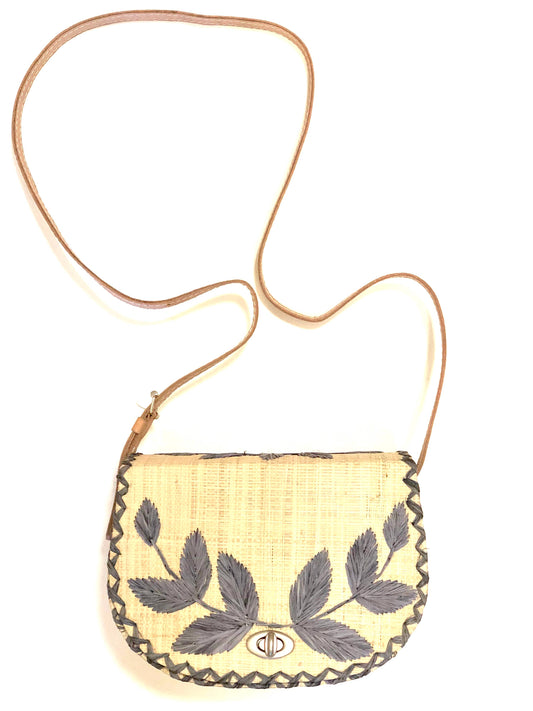 70's Embroidered Vines Straw Crossbody Bag