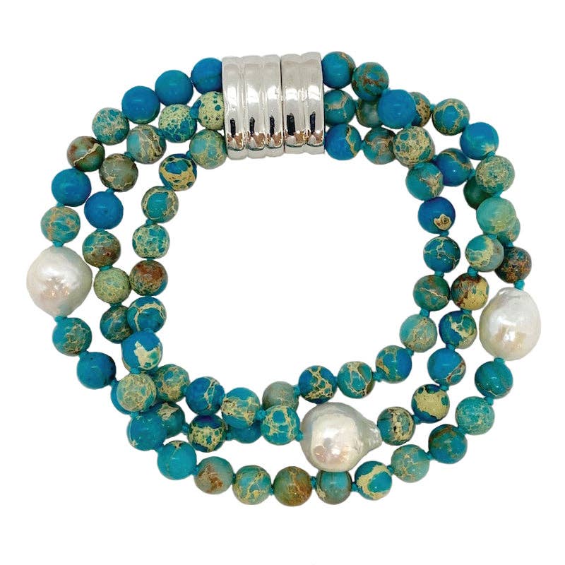 Girl With A Pearl - 215-06 | 3-STRAND NATURAL JASPER & PEARL BRACELET