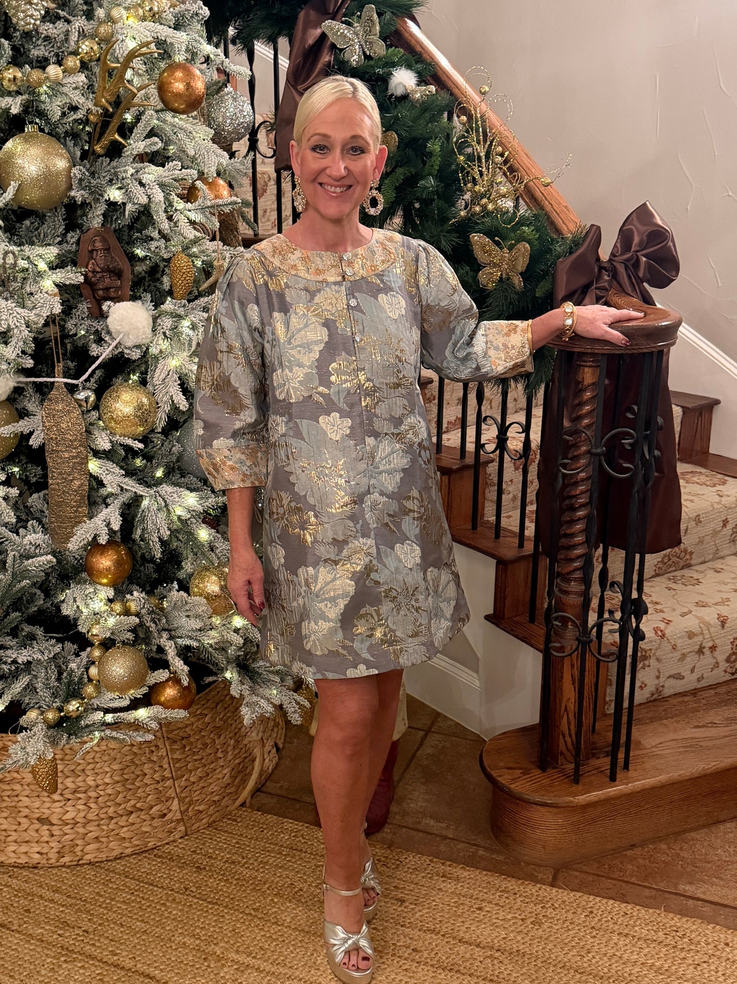 Uncle Frank Jacquard Button Neck Dress