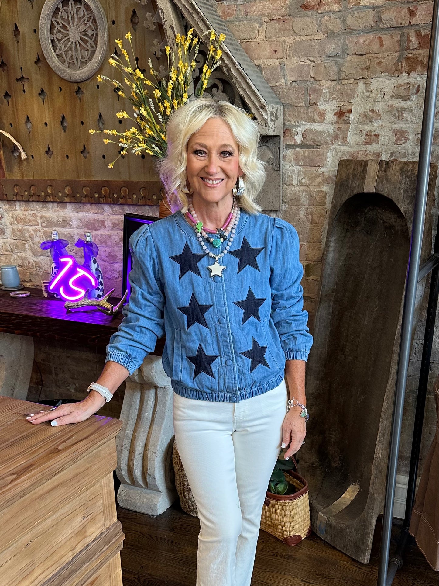 Star Embroidered Puff Sleeve Denim Jacket