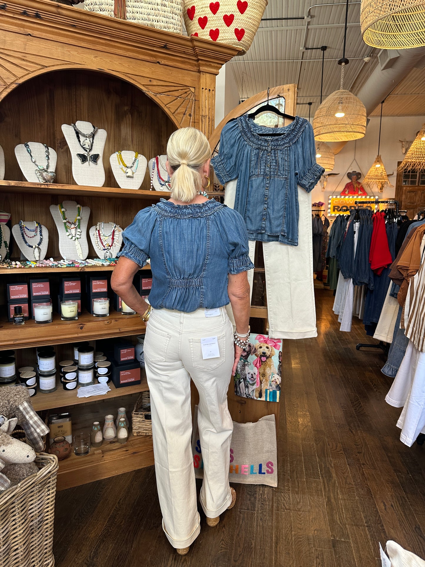 Ivy Jane Denim Top Ruffled Neck Back Elastic
