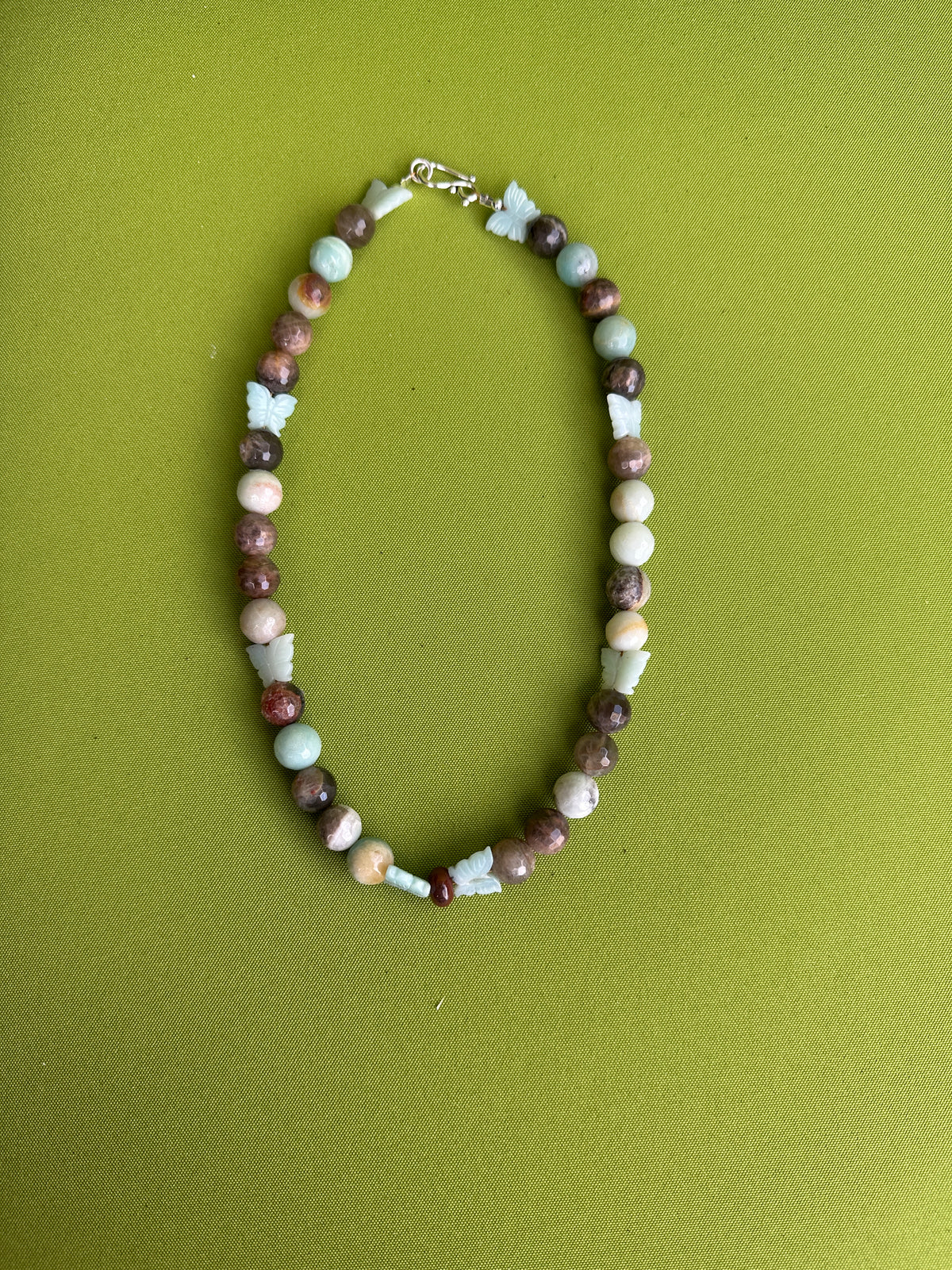 teal and brown butterfly beaded necklace
