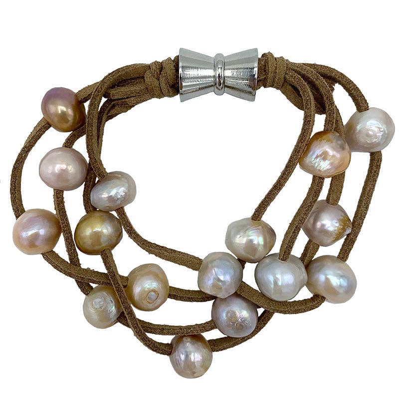 Girl With A Pearl TAN SUEDE 4-STRAND MULTI PEARL BRACELET