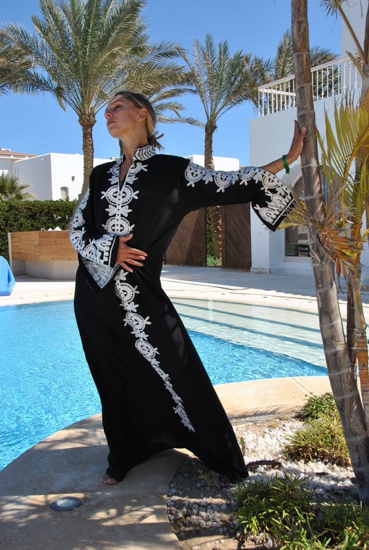 Elegant Black Embroidered Kaftan Dress