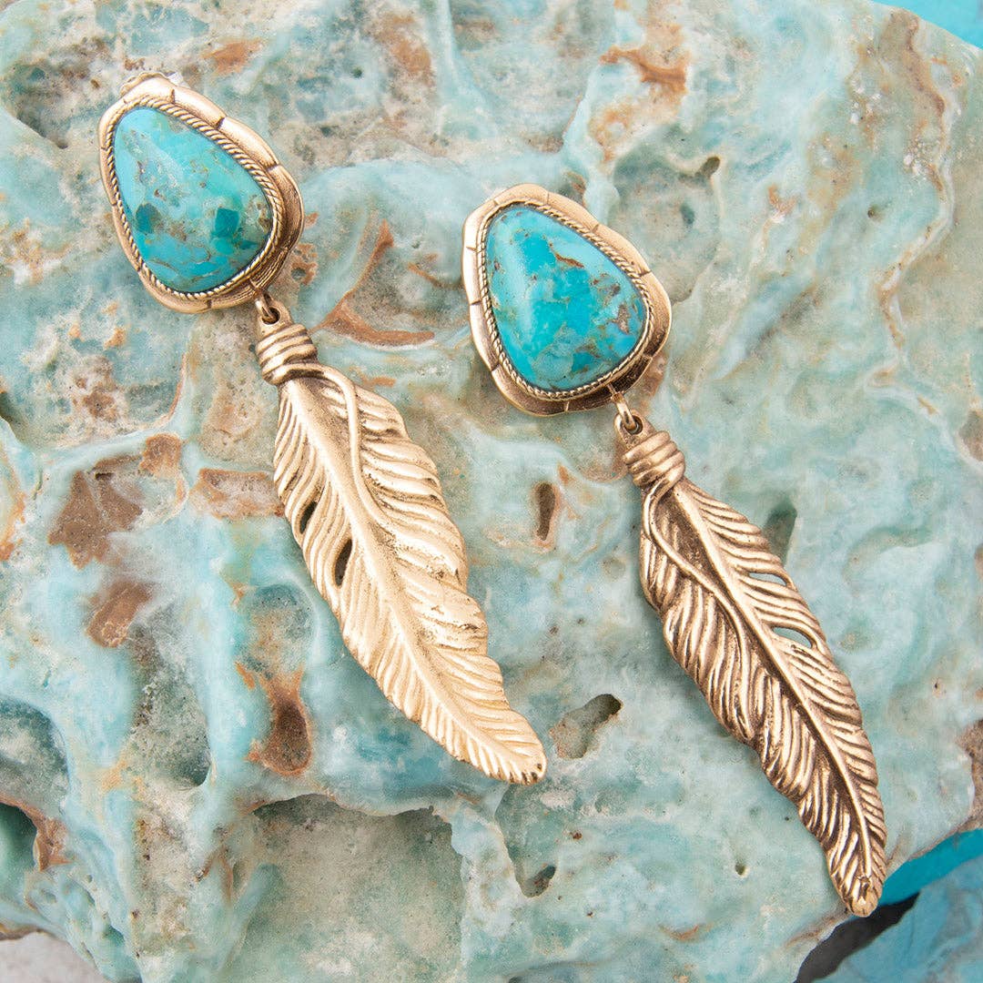 Desert Plume Blue Turquoise Golden Post Drop Earrings