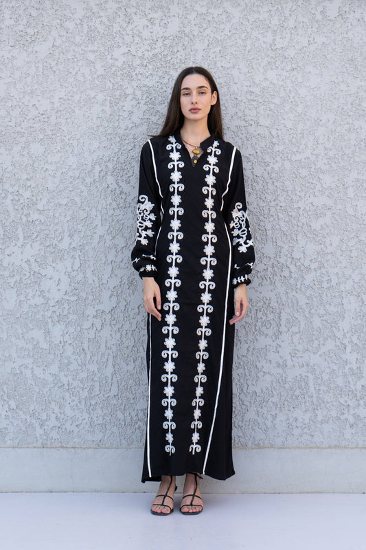 Beautiful black embroidered Kaftan maxi dress, Kaftan maxi