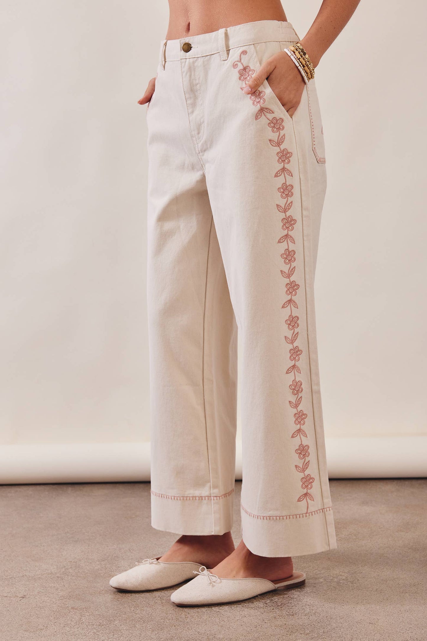 Floral Embroidered Cropped Wide-Leg Pants