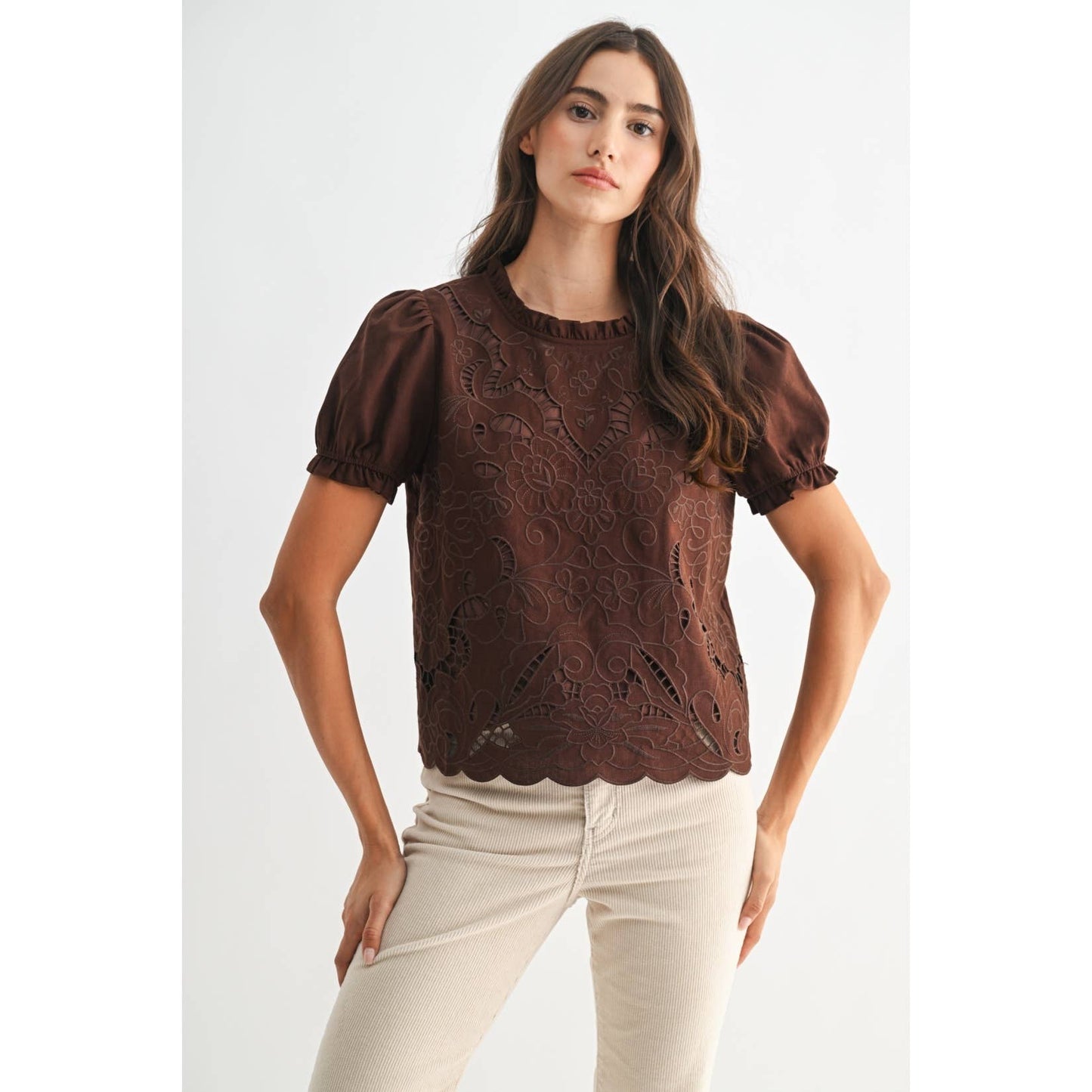 Brown Eyelet Puff Sleeve Blouse
