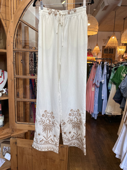 Off White Embroidered Pants