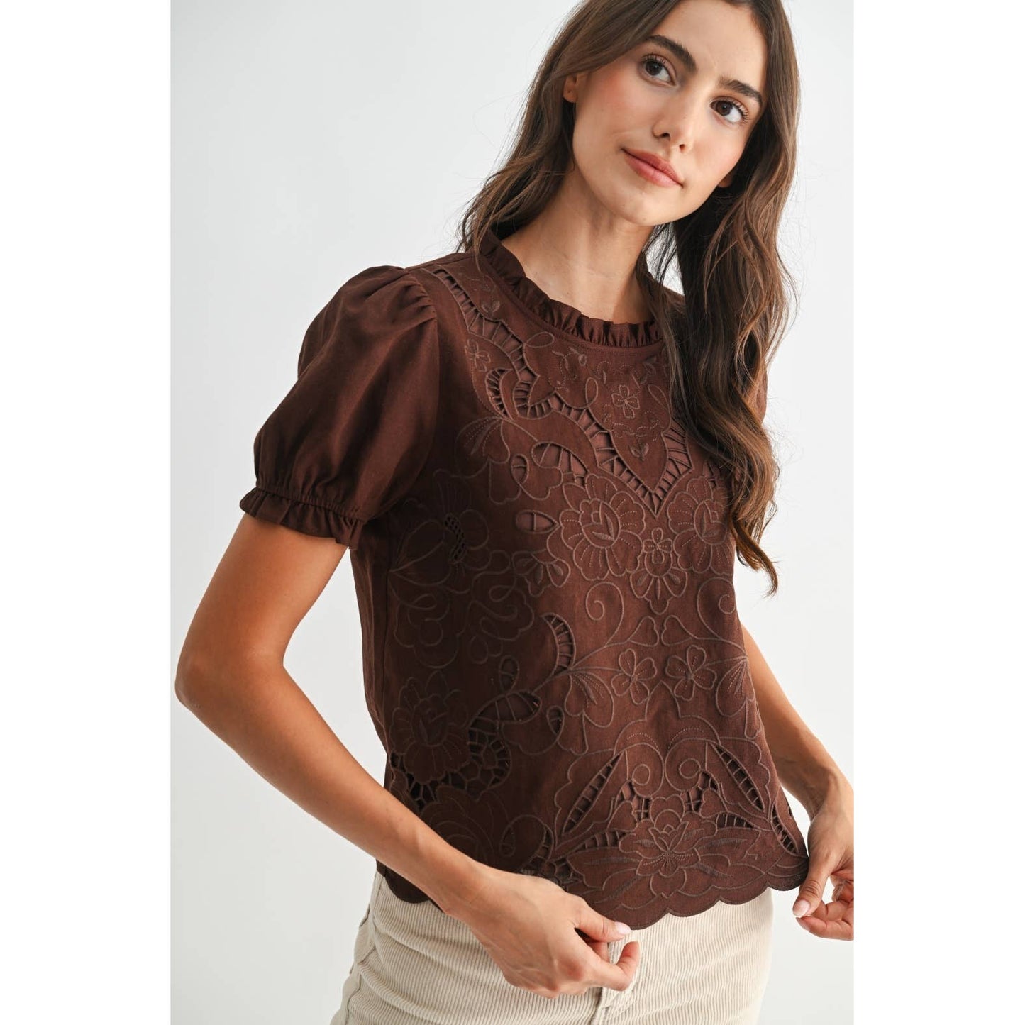 Brown Eyelet Puff Sleeve Blouse
