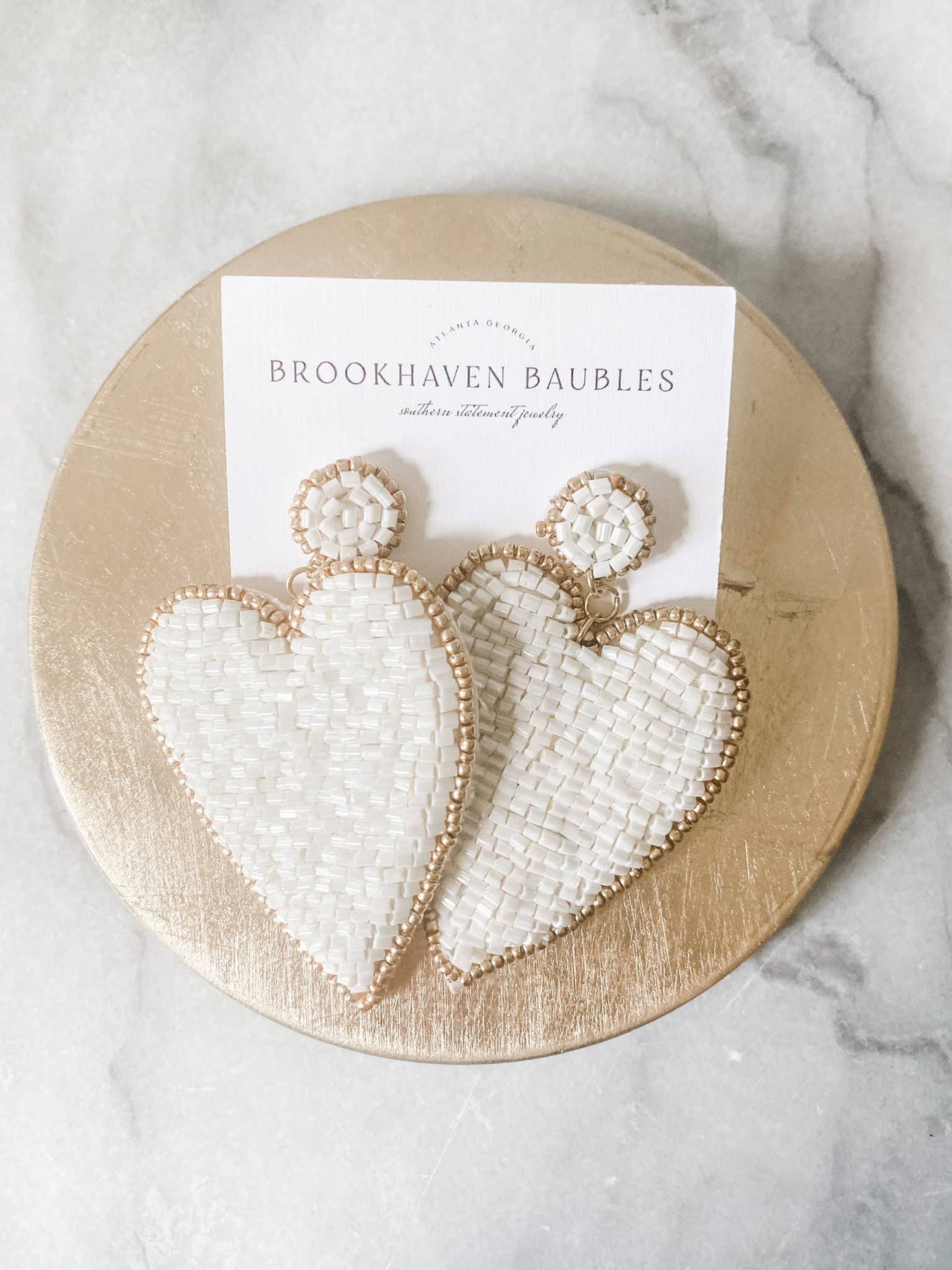 Pearl White Beaded Heart Earrings with Gold Accents