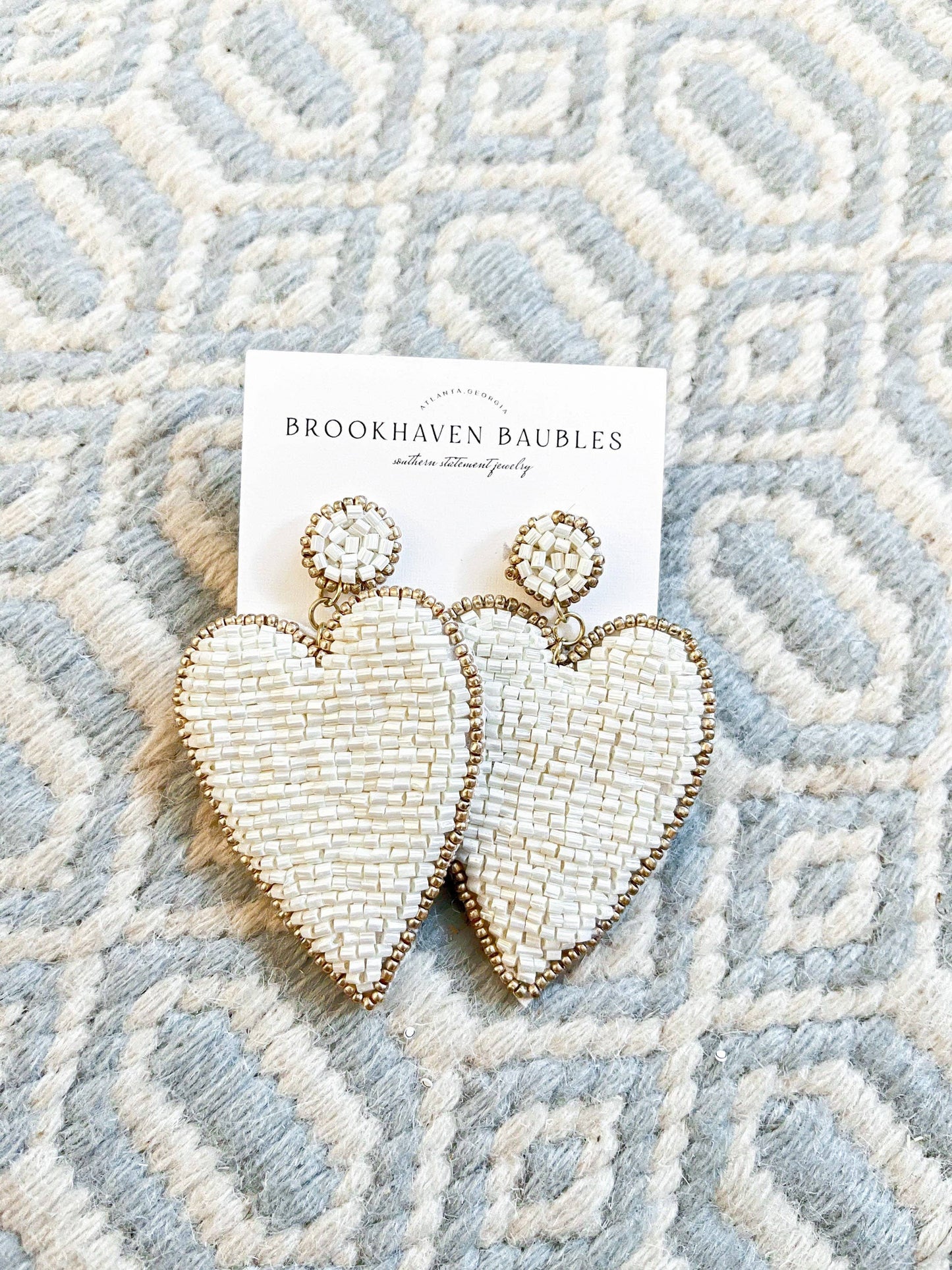 Pearl White Beaded Heart Earrings with Gold Accents