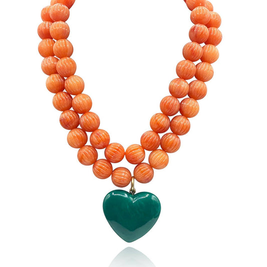 Michael Nash Jewelry - Amour Carved Coral Resin Bead With Jade Green Resin Heart Pendant