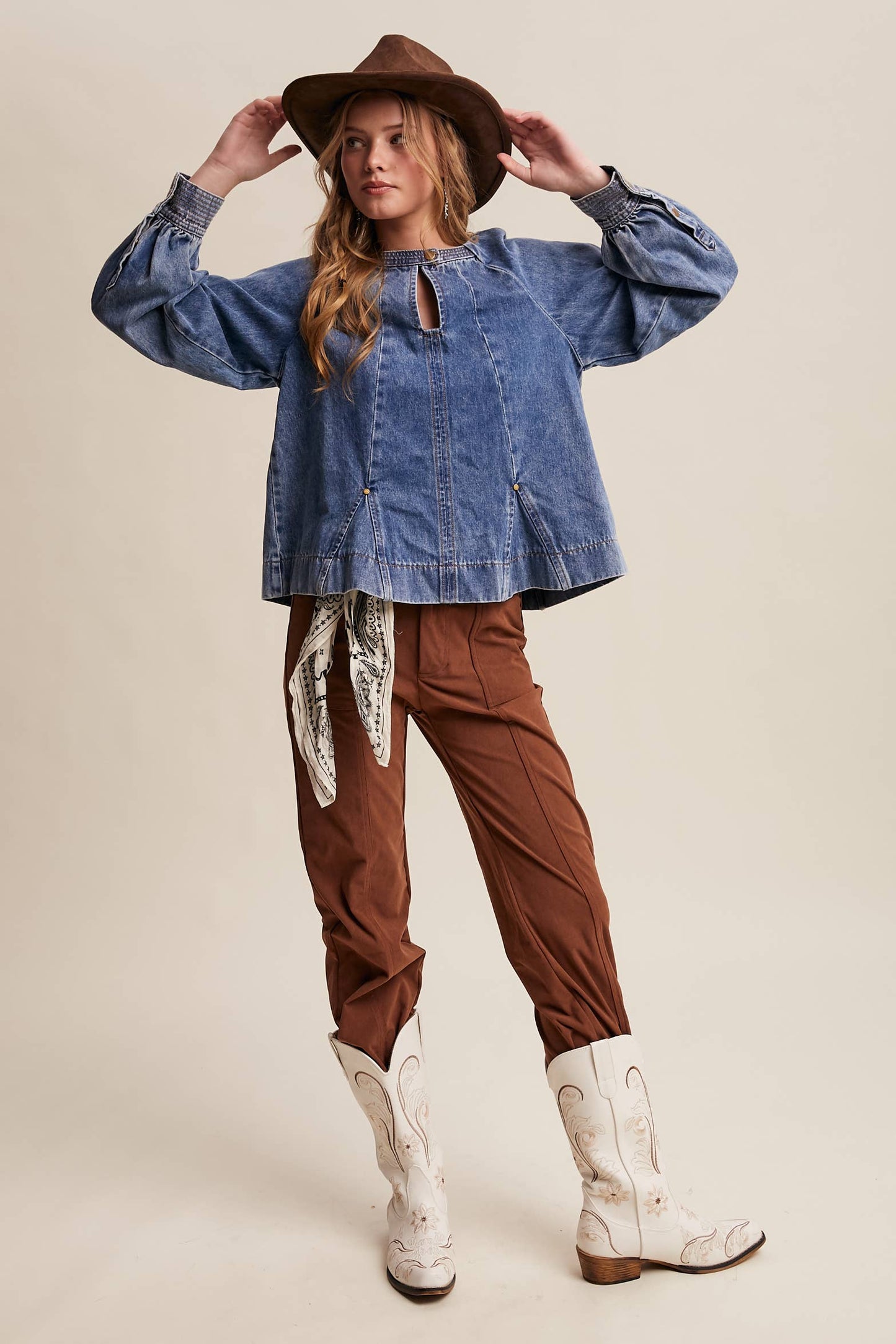 Western Denim Keyhole Blouse LT1443