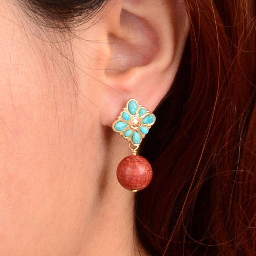 Blue Turquoise Starburst Orange Coral Golden Post Earrings