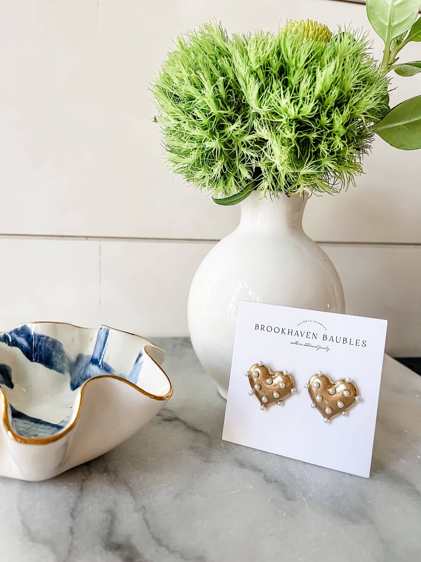Gold Pearl Heart Statement Studs
