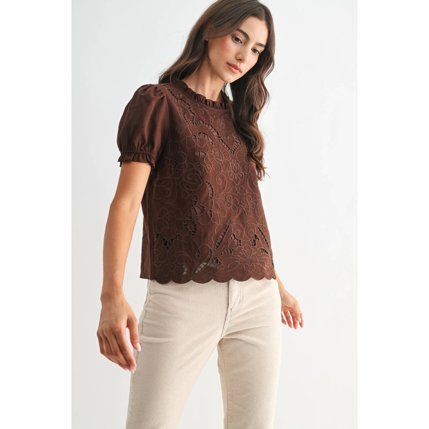 Brown Eyelet Puff Sleeve Blouse