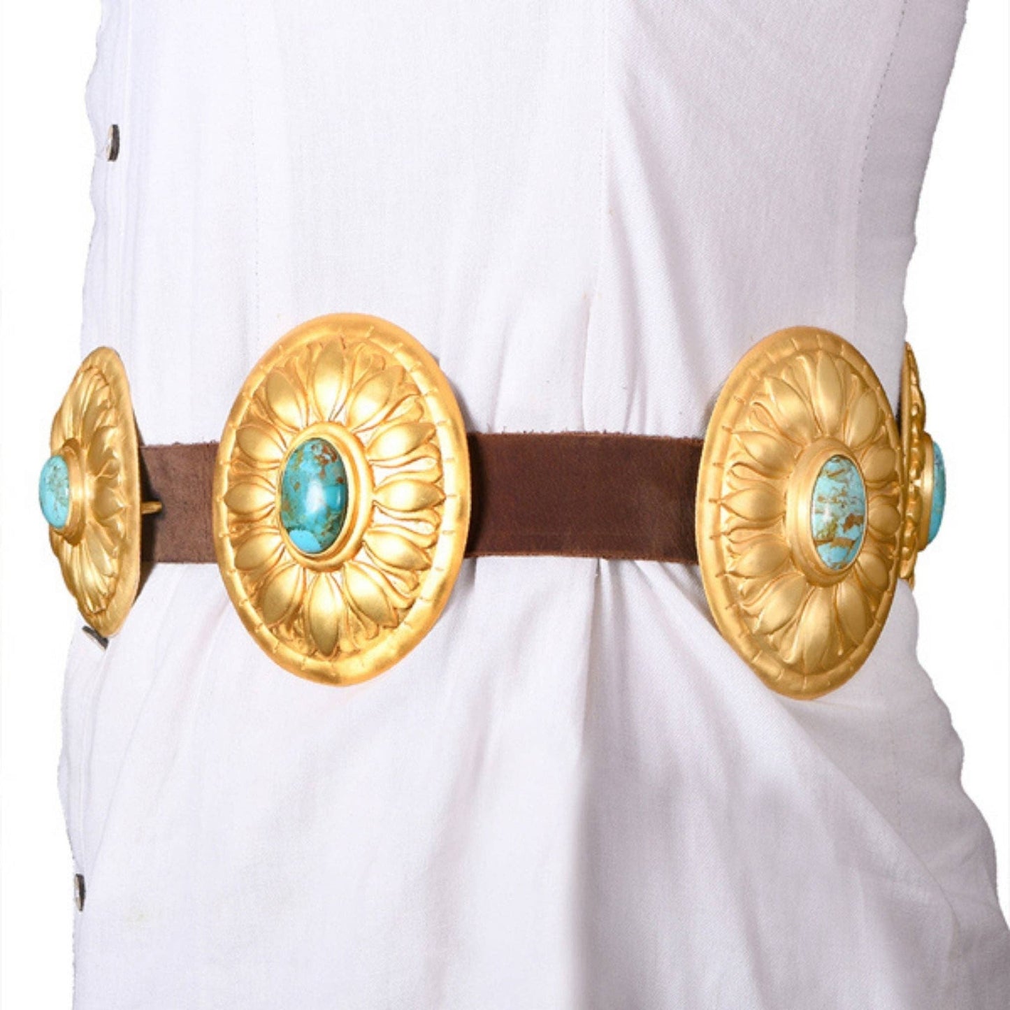 Christina Greene LLC - Turquoise and Brass Concho Belt