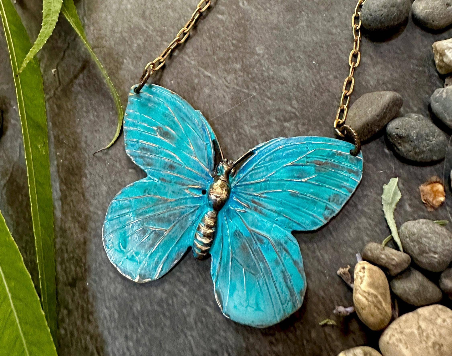 Butterfly Necklace - Handmade Solid Brass with Blue Patina