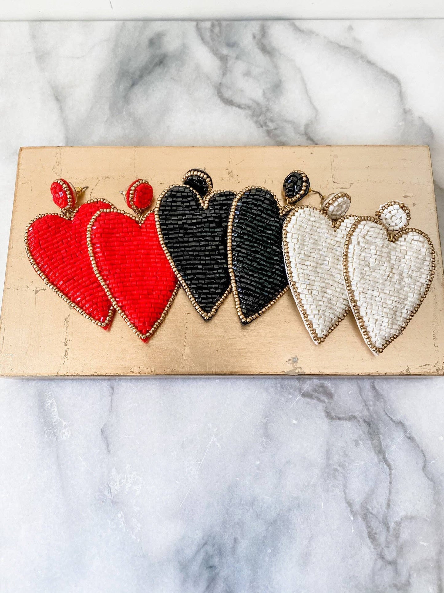 Black Beaded Heart Earrings with Gold Accents