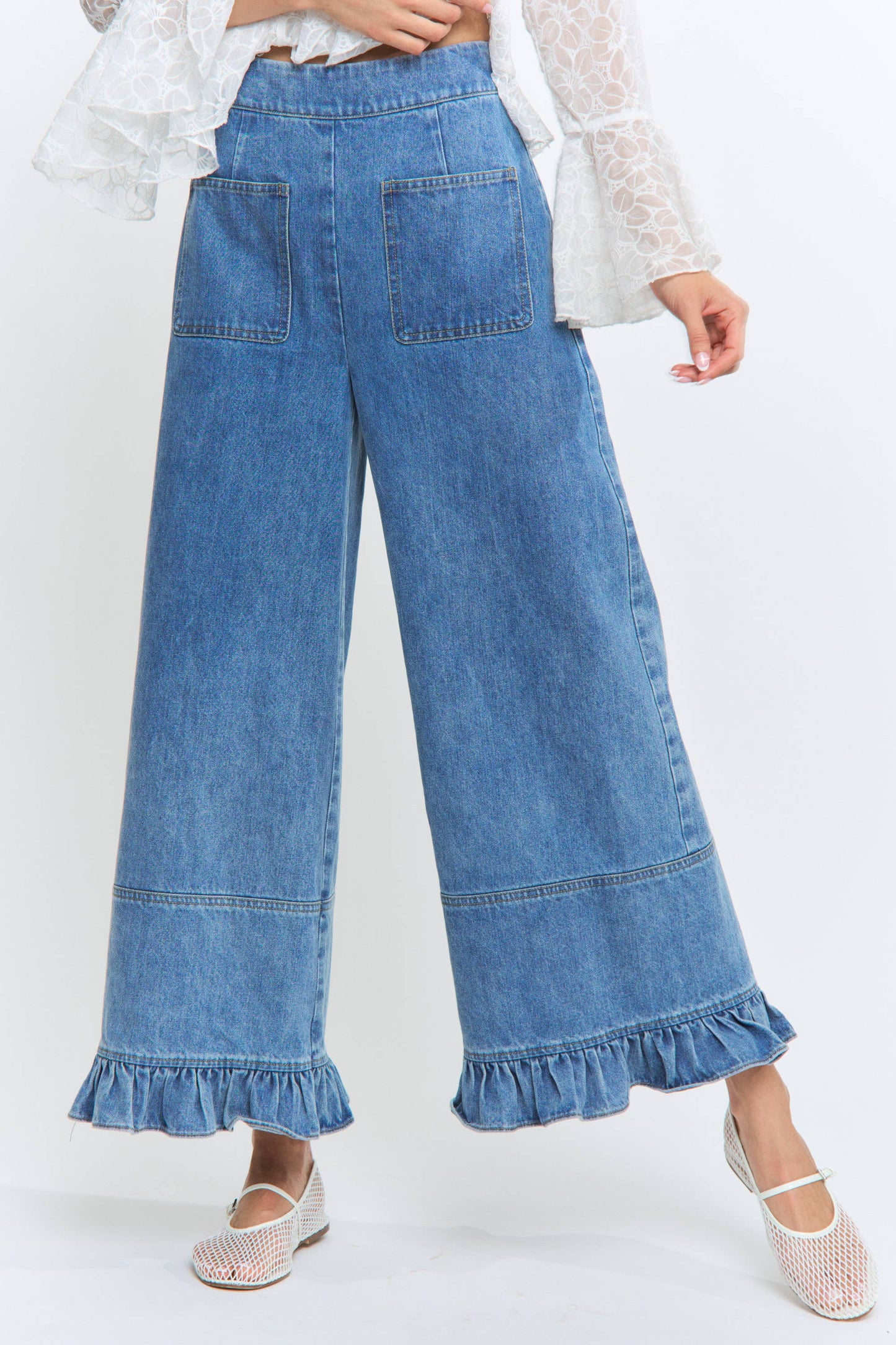 Camellia -  Wide-Leg Denim Trousers with Ruffle Hem
