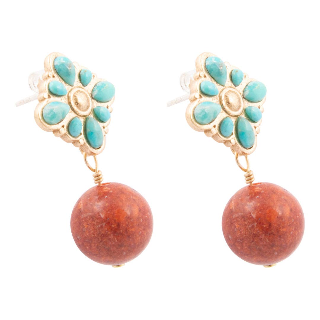 Blue Turquoise Starburst Orange Coral Golden Post Earrings