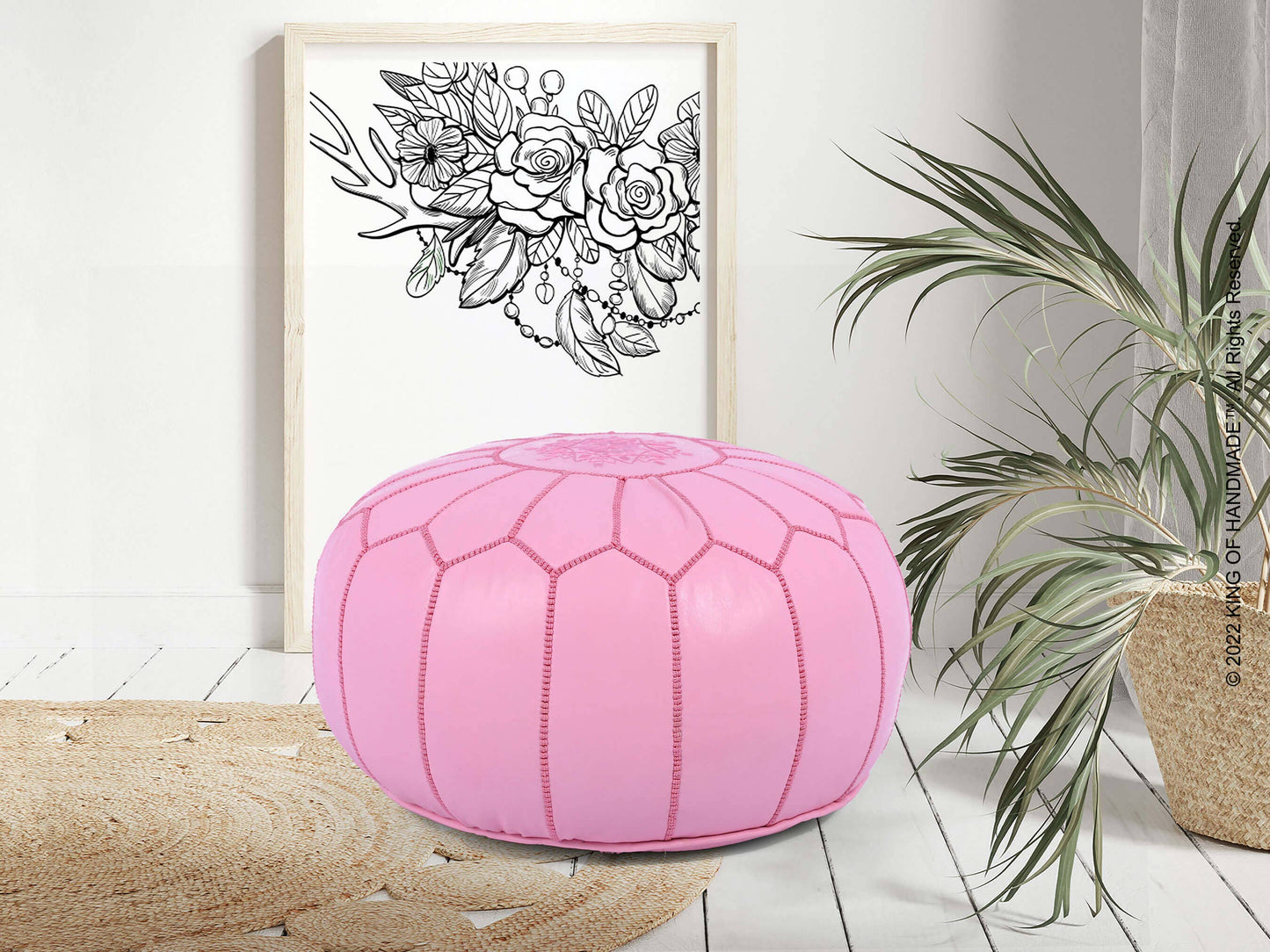 King Of Handmade - Pink Ottoman Leather Pouf - New Home Gift