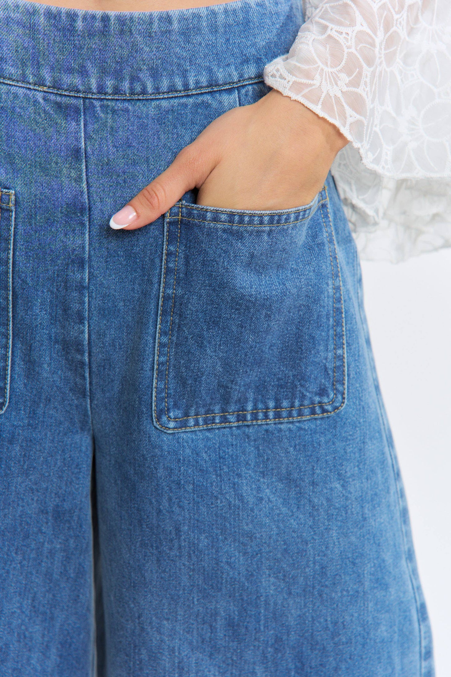 Camellia -  Wide-Leg Denim Trousers with Ruffle Hem