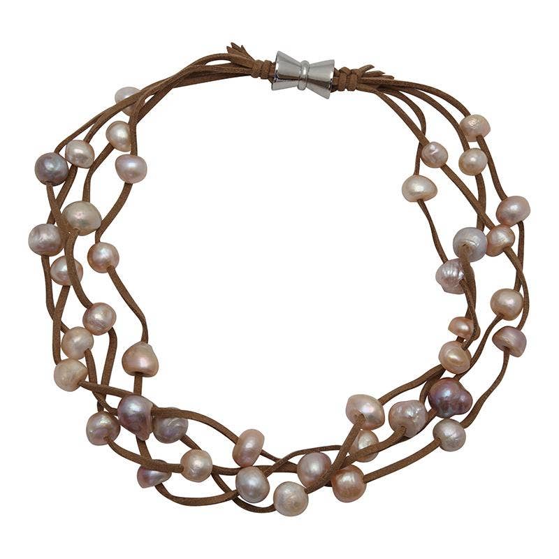 Girl With A Pearl TAN SUEDE 4-STRAND MULTI PEARL NECKLACE