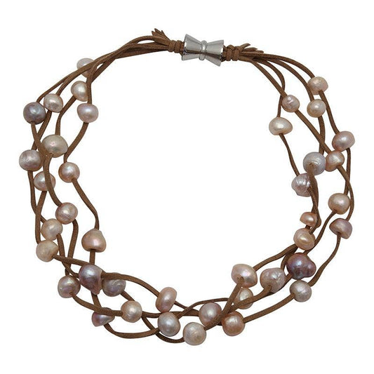 Girl With A Pearl TAN SUEDE 4-STRAND MULTI PEARL NECKLACE