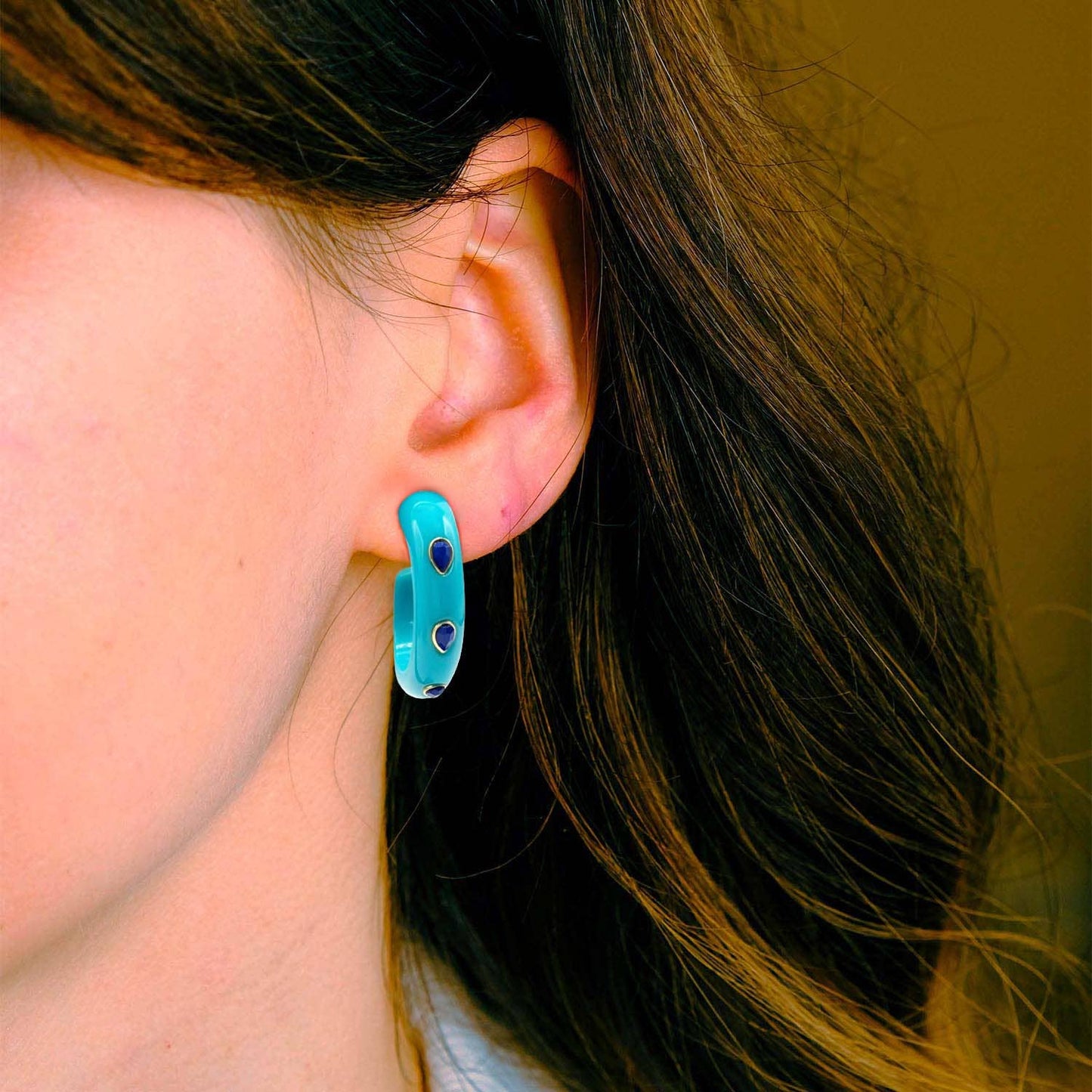 Michael Nash Jewelry - Turquoise Resin Hoop Earrings With Faceted Lapis Glass Pear Stones