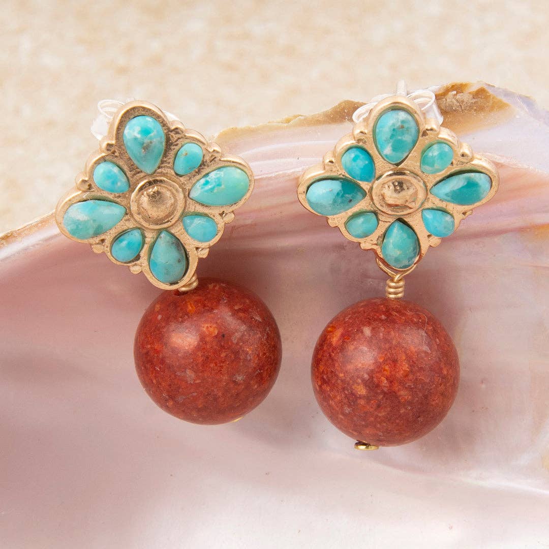 Blue Turquoise Starburst Orange Coral Golden Post Earrings