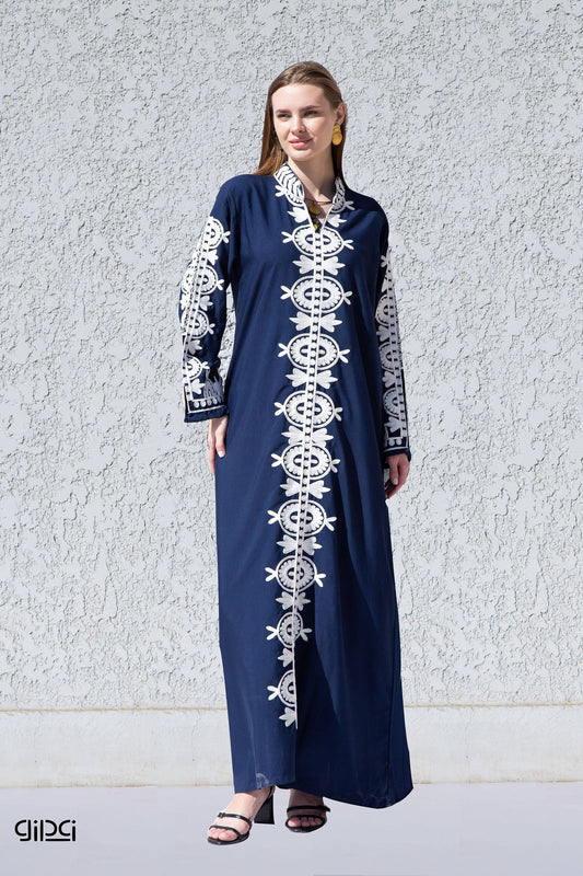 Gipci - Elegant Navy Blue Embroidered Kaftan Dress