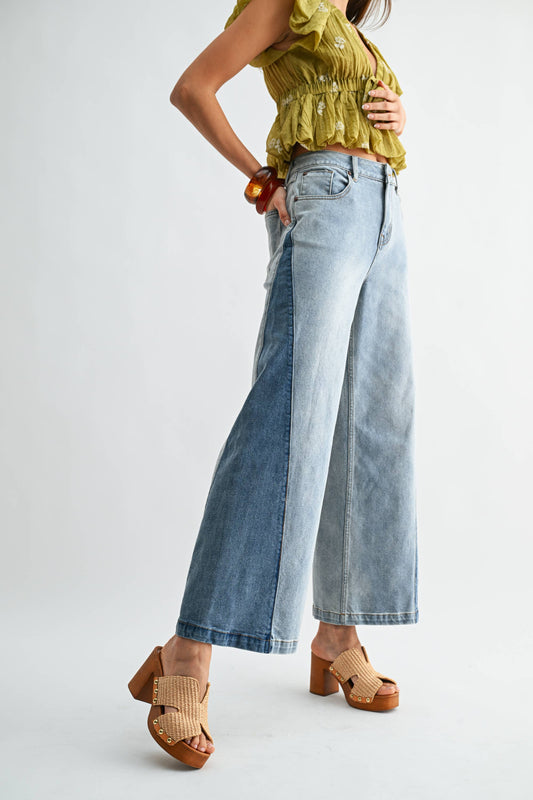 Wide-Leg Two-Tone High Waist Denim Jeans