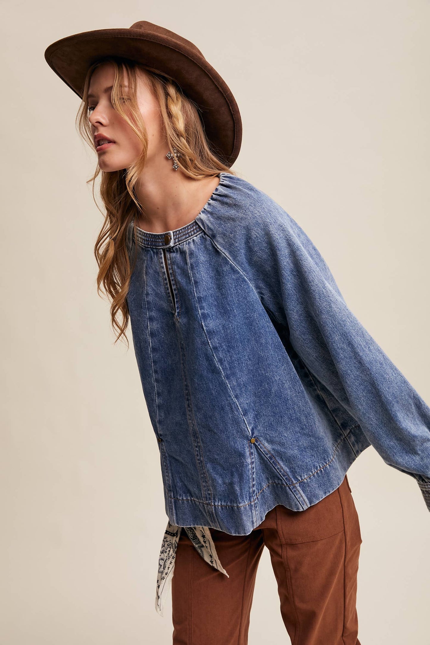 Western Denim Keyhole Blouse LT1443