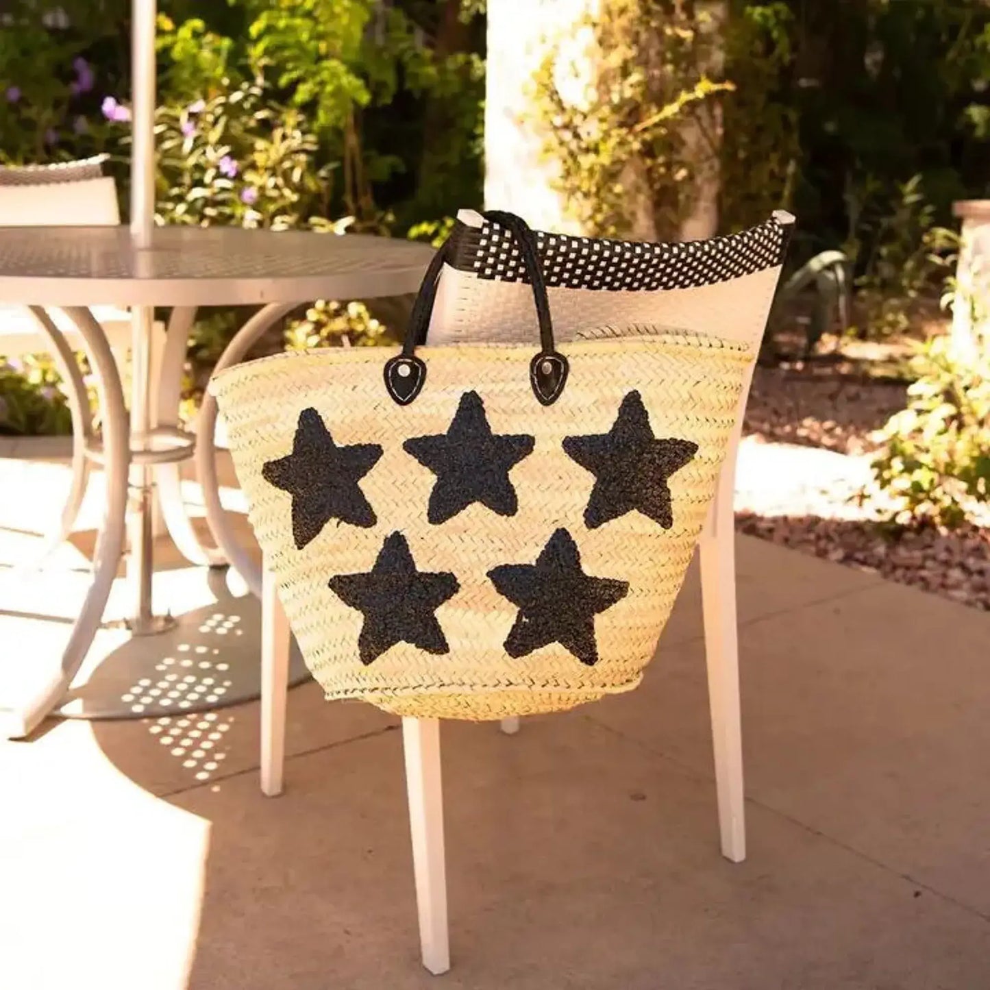 King Of Handmade - Large straw tote bag with black stars - Straw Tote Bag
