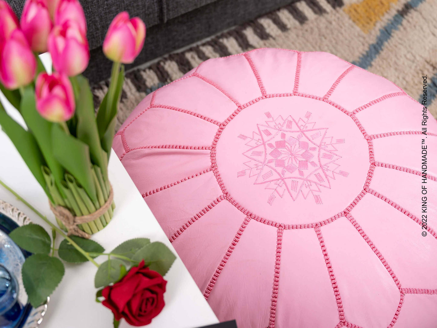 King Of Handmade - Pink Ottoman Leather Pouf - New Home Gift