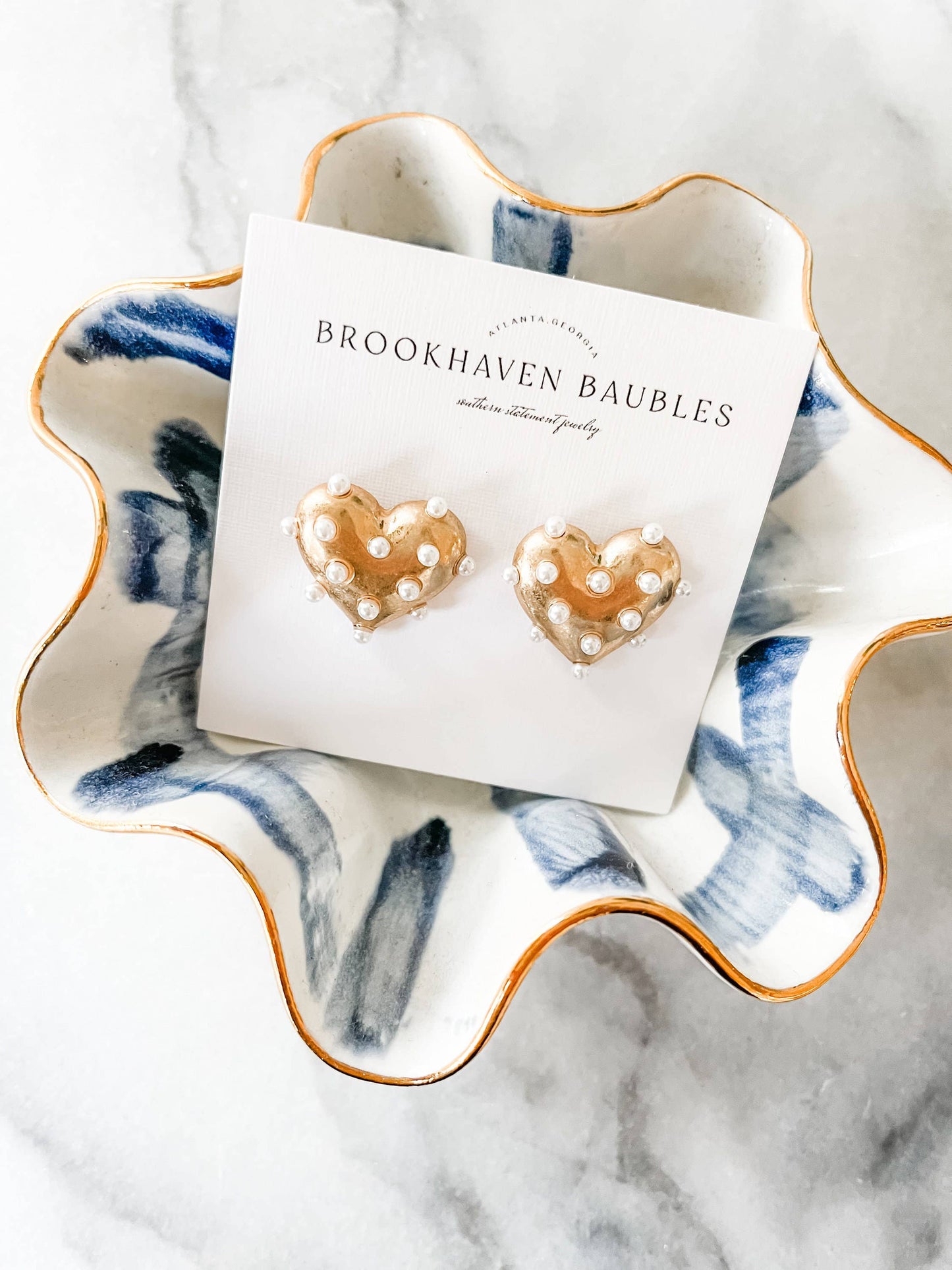 Gold Pearl Heart Statement Studs