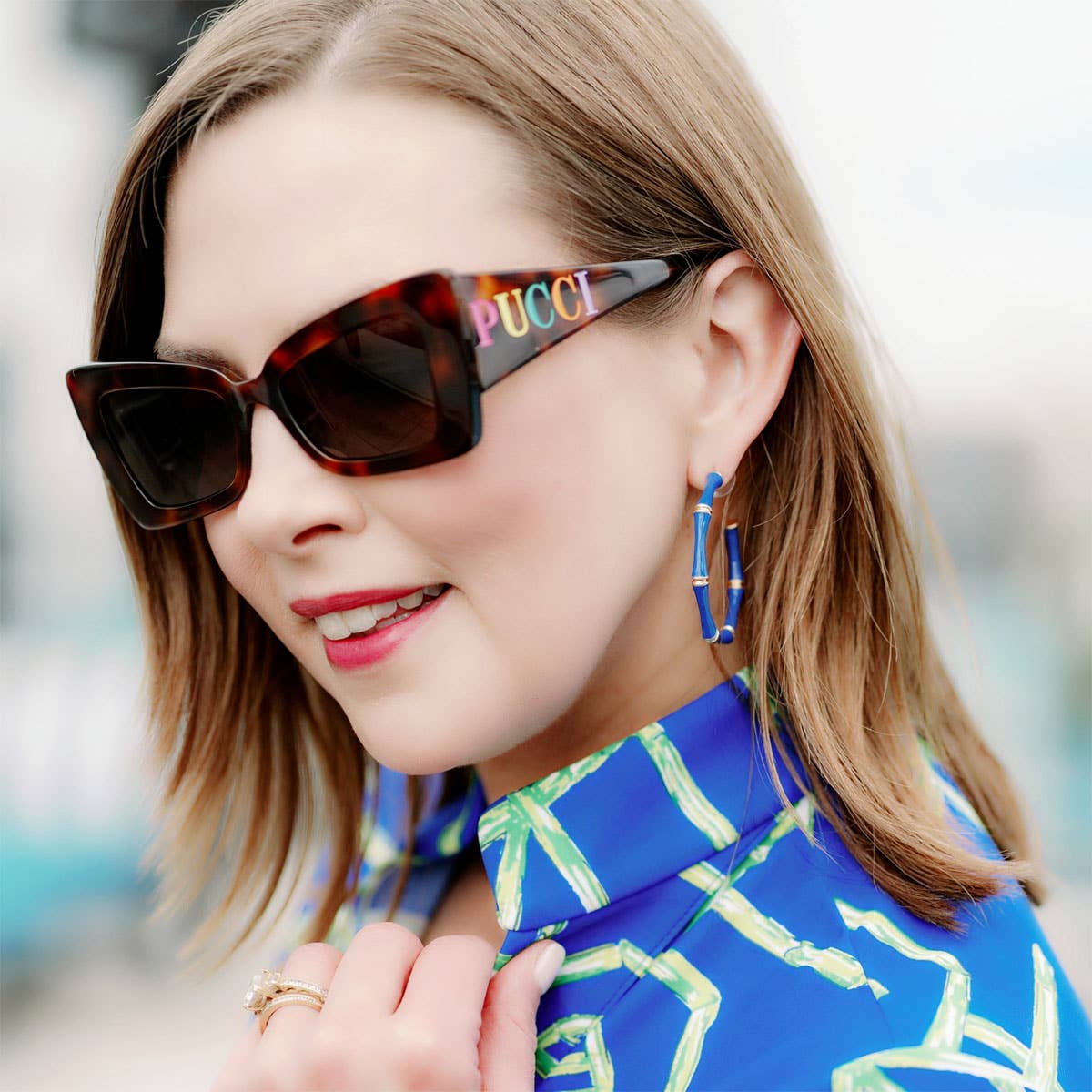 Celeste Enamel Bamboo Hoop Earrings
