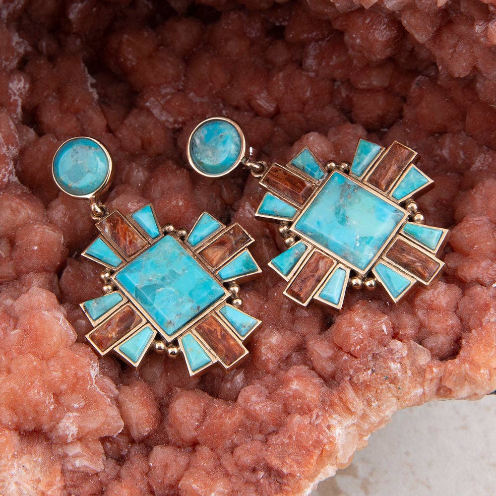Santa Fe Blue Turquoise Post Golden Drop Earrings